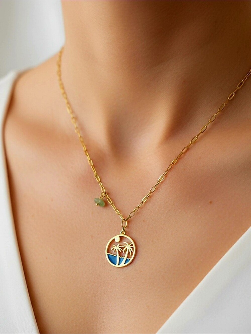 18K Gold-plated Palm Tree Pendant Necklace w/ Aqua‎ Charm Women Summer Beach NEW